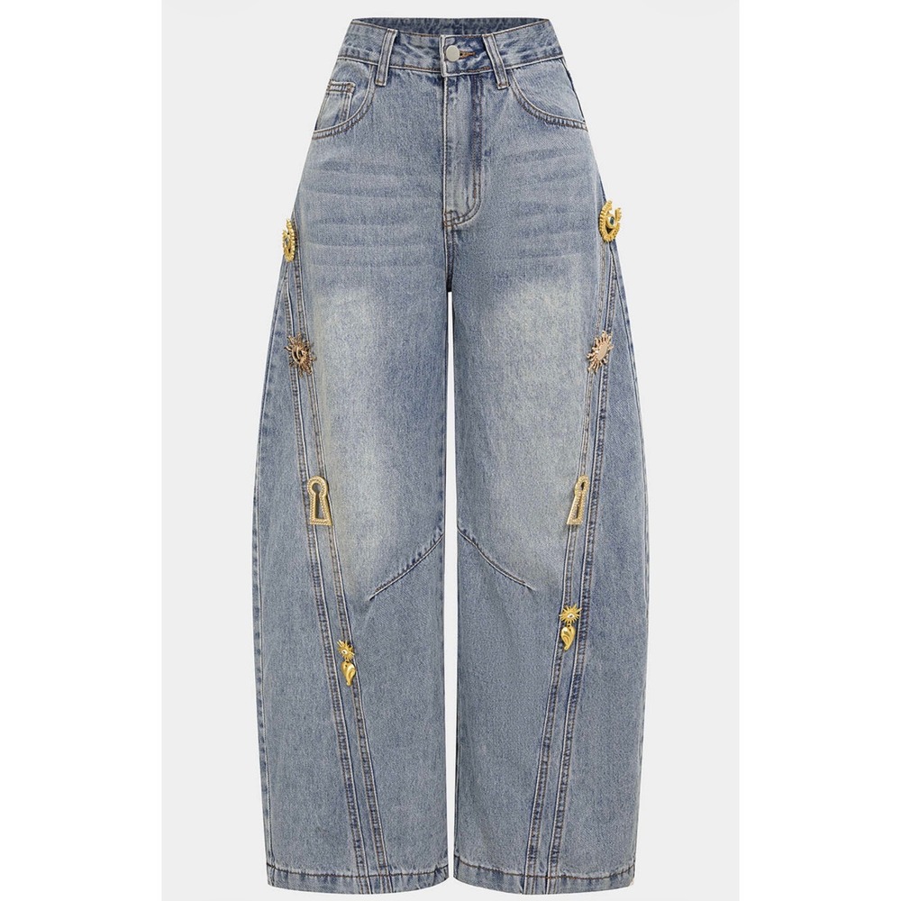 Micas Denim Metallic Decor Wide Leg Jeans Light Wash Blue Sun Eye Charms Small
